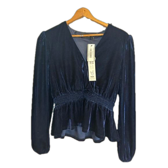 MINKPINK Tops - MINKPINK Navy Blue Velvet Long Sleeve Blouse M NWT | Smocked Waist Peplum Top